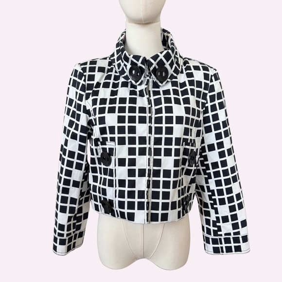 Vintage 90s Early Y2K Black and White Check Oversized Button Cotton Crop Jacket - Picture 1 of 9